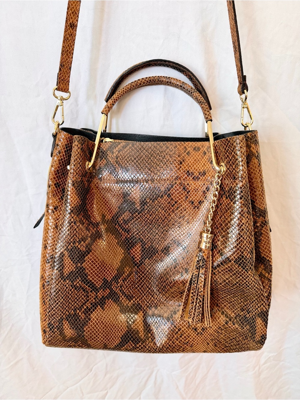Italian Leather Python Embossed Tote Crossbody Bag Brown
